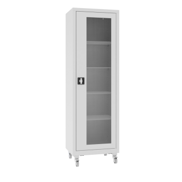 Glastürenschrank mit Metallböden und Rollen NSML 101 p