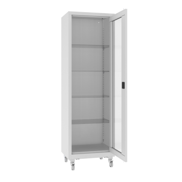 Glastürenschrank mit Glasböden und Rollen NSML 101