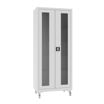 Glastürenschrank mit Metallböden und Rollen NSML 112 p