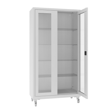 Glastürenschrank mit Glasböden und Rollen NSML 103