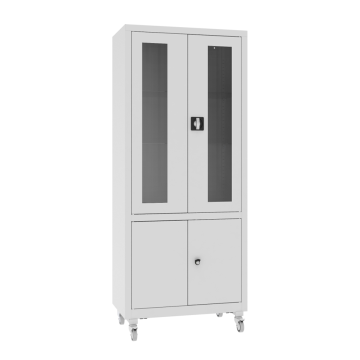 Glastürenschrank mit Metallböden und Rollen NSML 114 p