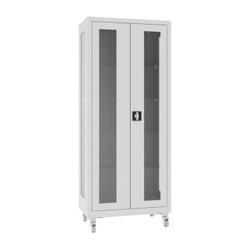 Glastürenschrank mit Metallböden und Rollen NSML 115 p