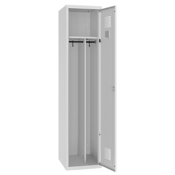 Kiárusítás – szürke fém öltözőszekrény 1 ajtóval és osztott belső térrel