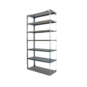 Prídavný regál s kovovou konštrukciou a siedmimi policami na efektívne rozšírenie úložného priestoru v sklade alebo dielni.

