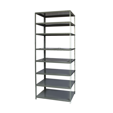 Prídavný kovový regál so siedmimi policami vhodný na skladovanie v sklade alebo dielni, pevná a otvorená konštrukcia
