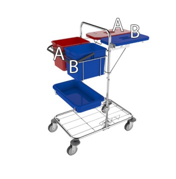 Manipulačný vozík s kovovou konštrukciou a farebnými plastovými nádobami určený na efektívnu manipuláciu materiálu v sklade
