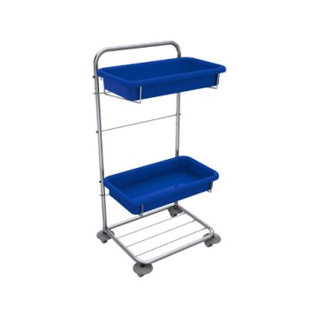 Servírovací vozík s dvoma modrými plastovými vaničkami na kolieskach vhodný na manipuláciu a skladovanie v domácnosti či kancelárii.
