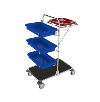 Kovový manipulačný vozík s tromi plastovými zásobníkmi a kolieskami na jednoduchý presun materiálu v zdravotníckom alebo priemyselnom prostredí
