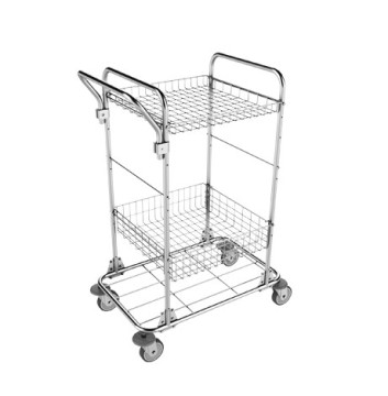 Dvojúrovňový manipulačný vozík s kovovou konštrukciou a kolieskami vhodný na jednoduchý transport materiálu v skladoch alebo kanceláriách
