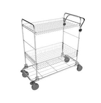 Dvojúrovňový regálový vozík s kovovou konštrukciou a kolieskami na jednoduchú manipuláciu v sklade alebo kancelárii
