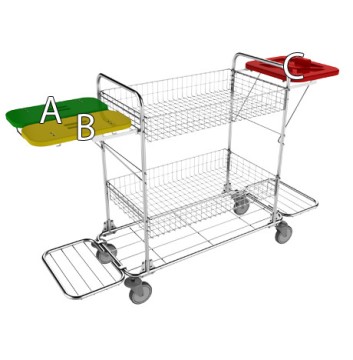 Manipulačný vozík s troma farebnými veko a drôtenými policami na triedenie odpadu alebo bielizne v nemocničnom alebo hotelovom prostredí
