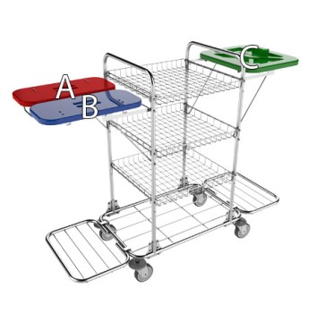 Kovový manipulačný vozík so štyrmi kolieskami a tromi farebnými viečkami určený na triedenie odpadu v priemyselných prevádzkach
