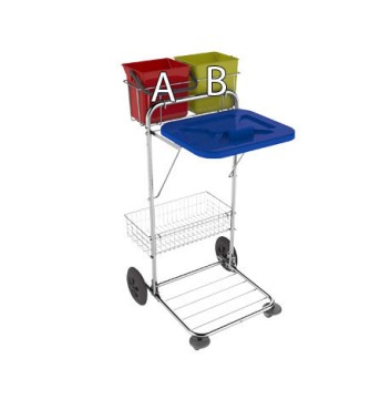 Manipulačný vozík so štyrmi kolieskami, dvoma farebnými nádobami a policou na triedenie odpadu v kancelárskom alebo nemocničnom prostredí
