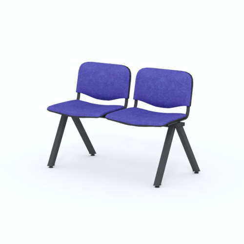 Dvojmiestna čalúnená lavica do čakárne s kovovou konštrukciou a modrými sedadlami určená do verejných priestorov
