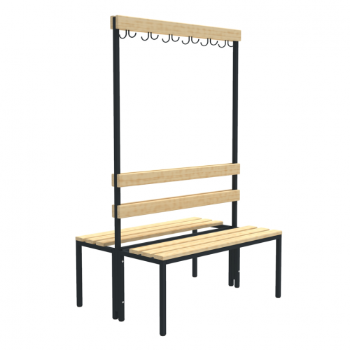 Obojstranná kovová lavička s drevenými doskami a vešiakmi na oblečenie Lsz 2